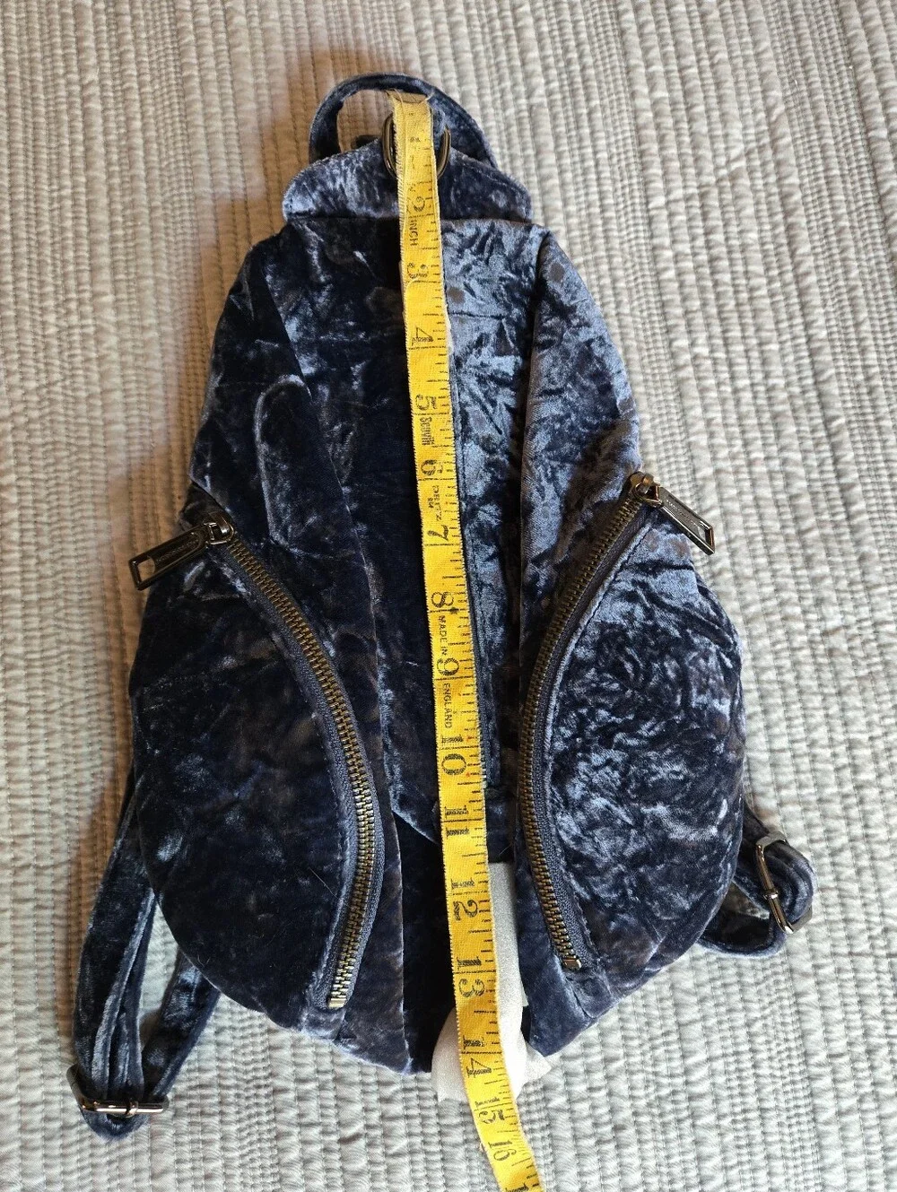 Rebecca Minkoff Dark Blue Velvet Mini Backpack with Gold Zippers